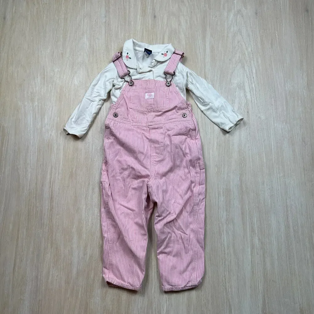 OshKosh Pink Hickory Stripe Overalls Floral Cottagecore Country Outfit Set 24M